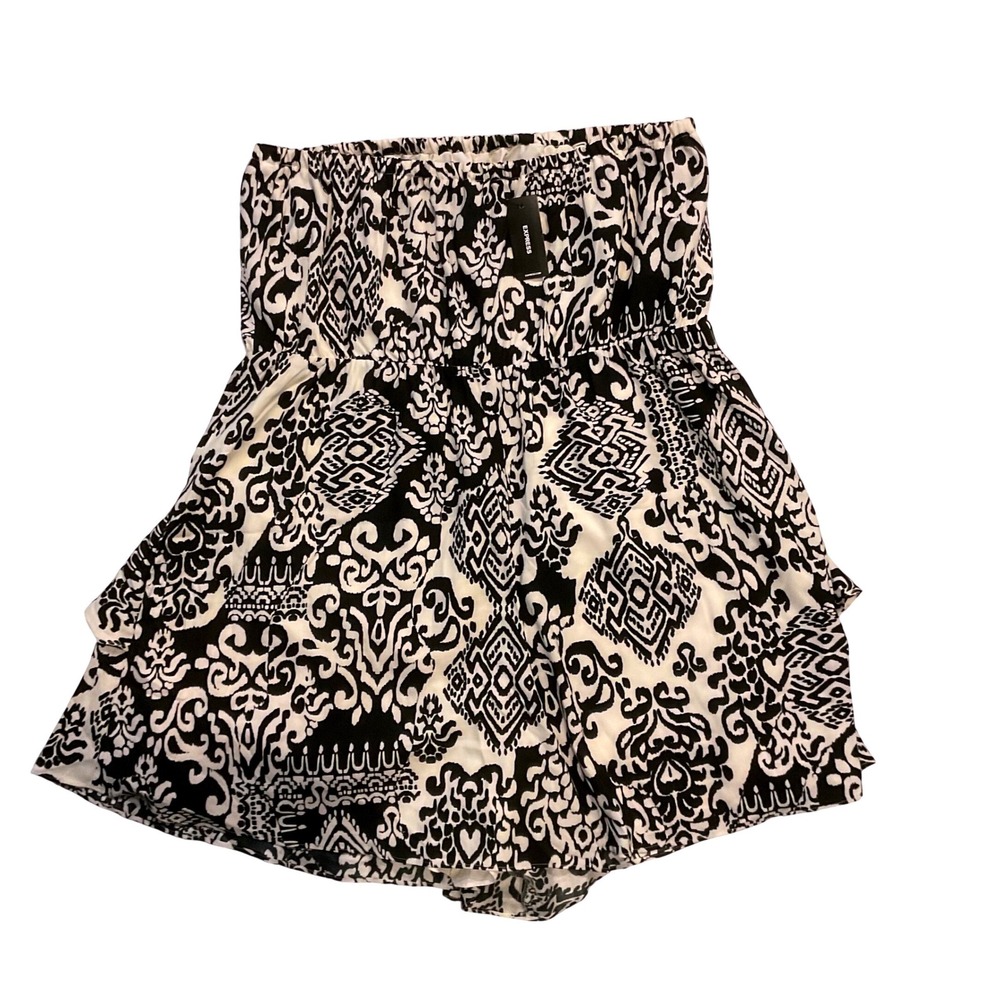 EXPRESS women's romper, black white floral abstract‎ BoHo print strapless XL NWT